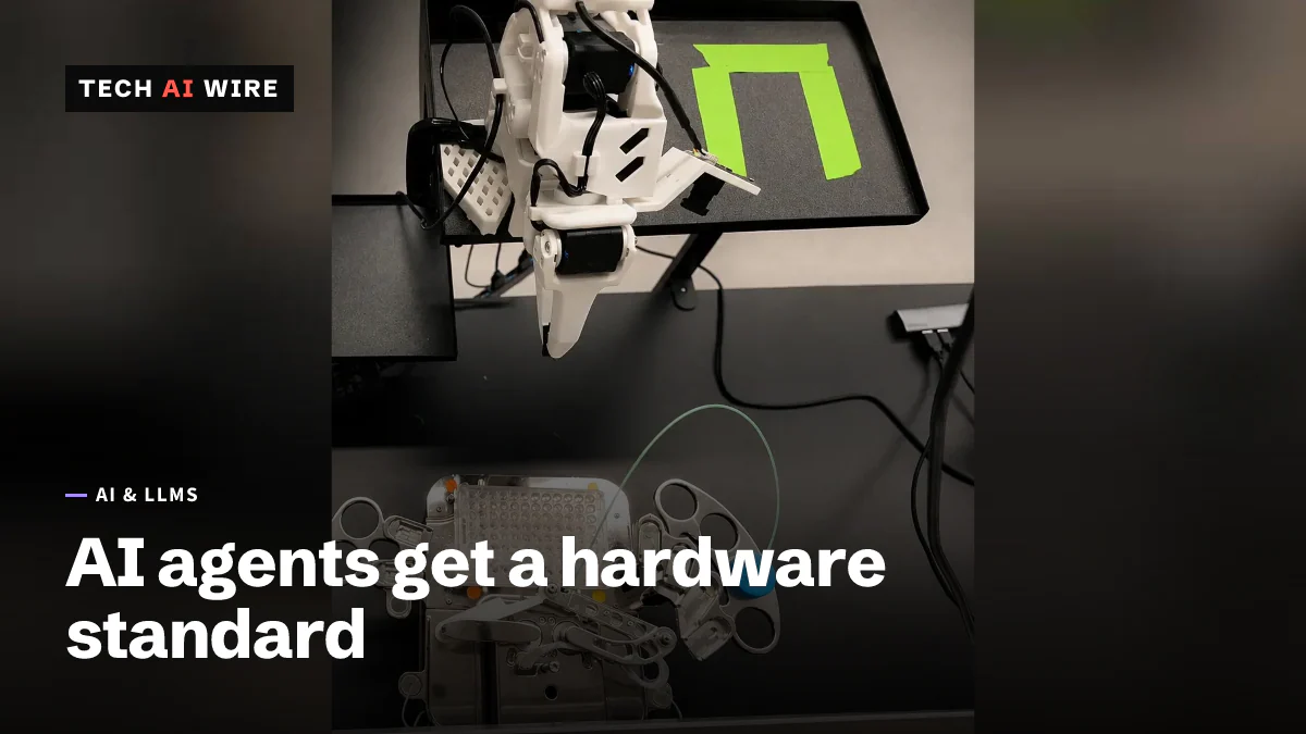 A white robotic arm above a lab bench beside a stainless liquid handler holding a 96-well microplate.