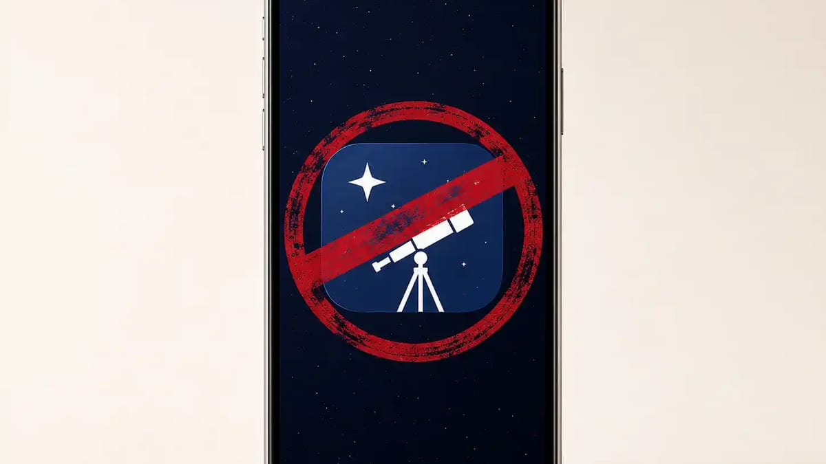 A smartphone displaying an astronomy app icon with a red rejection stamp across the screen