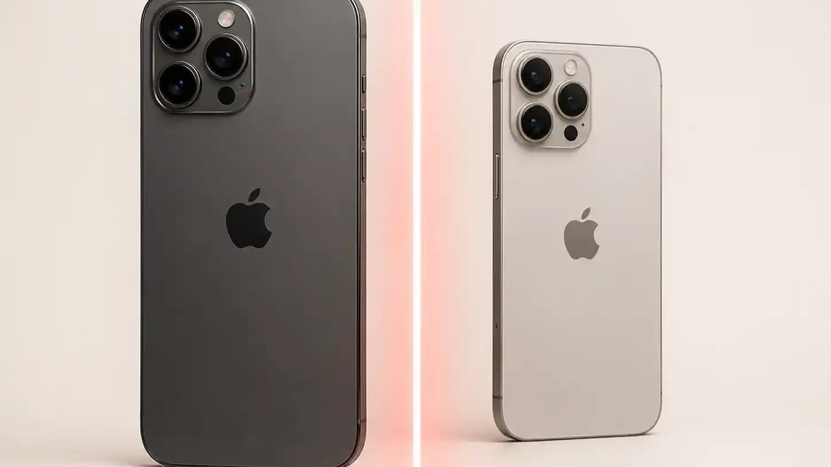 Two iPhones bearing the Apple logo standing side by side, separated by a red vertical light beam