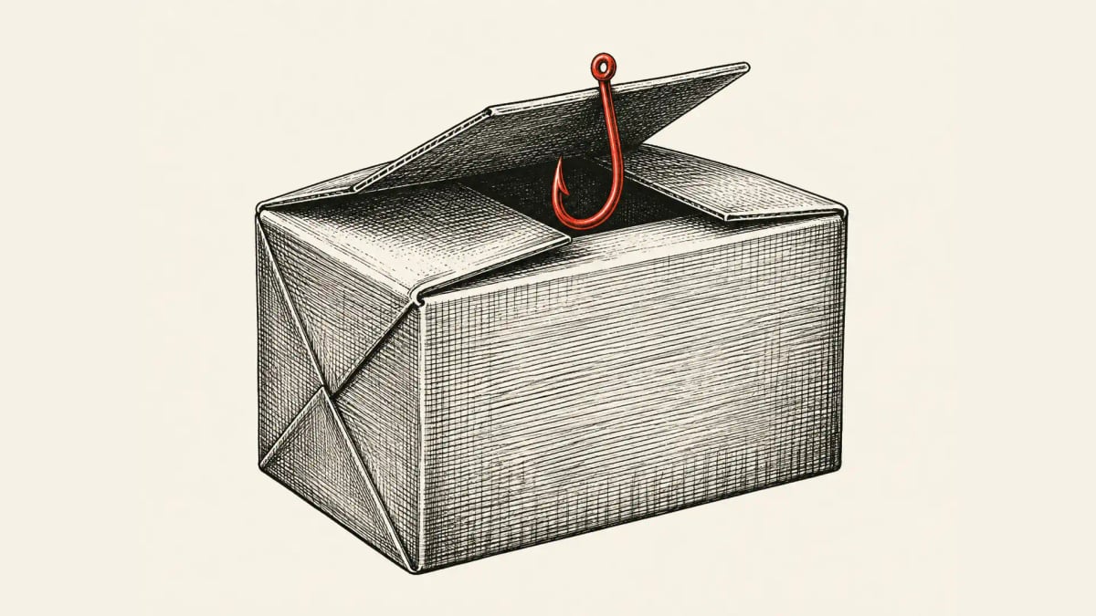 An engraved illustration of a cardboard shipping box with its flaps open and a red fishhook dangling inside