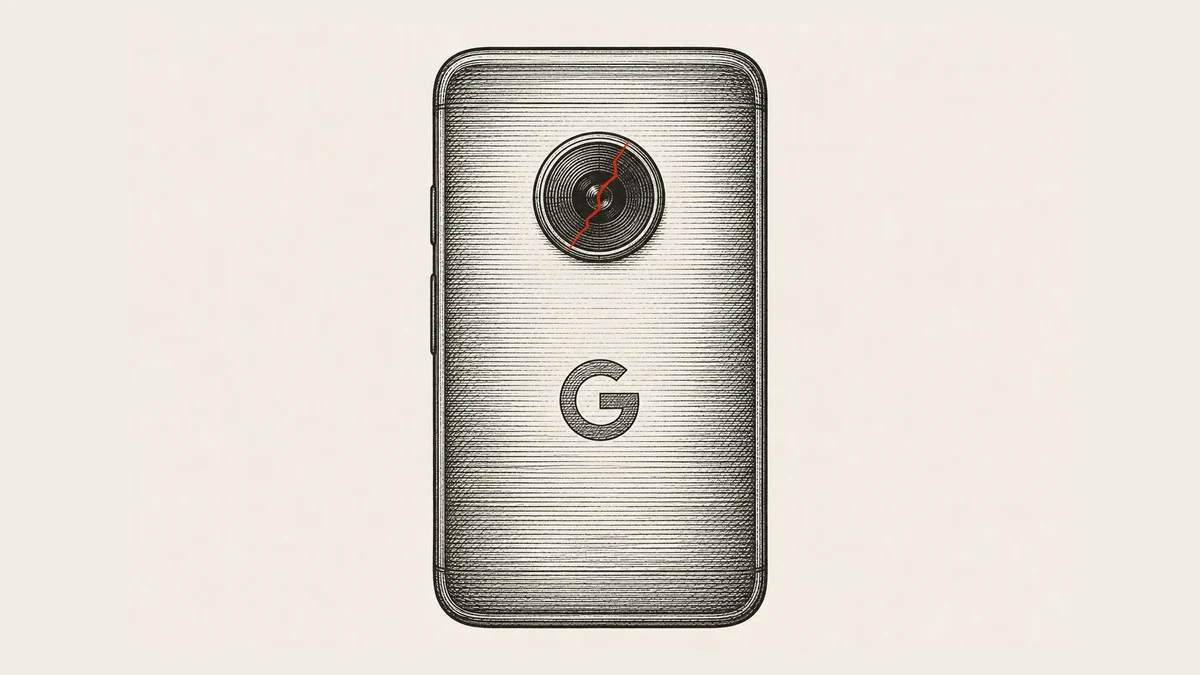An engraved illustration of a Pixel phone's back, its camera lens split by a red crack