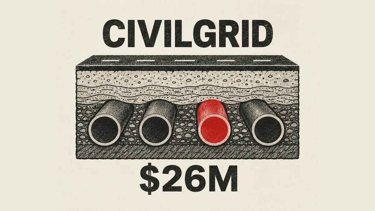 An engraved cutaway of a road showing four buried pipes with one of them printed red, the word CIVILGRID above and the figure $26M below.