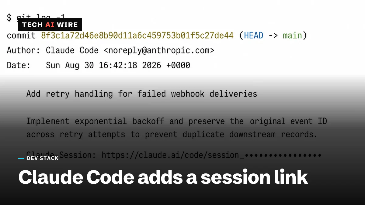 A terminal showing git log output whose commit message ends with a Claude-Session trailer, its session ID masked.