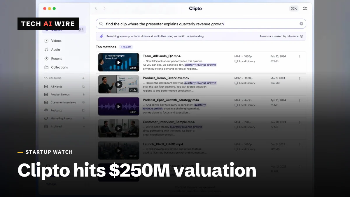 Clipto's desktop app returning ranked matches for a plain-language search across video and audio files held on the local machine.