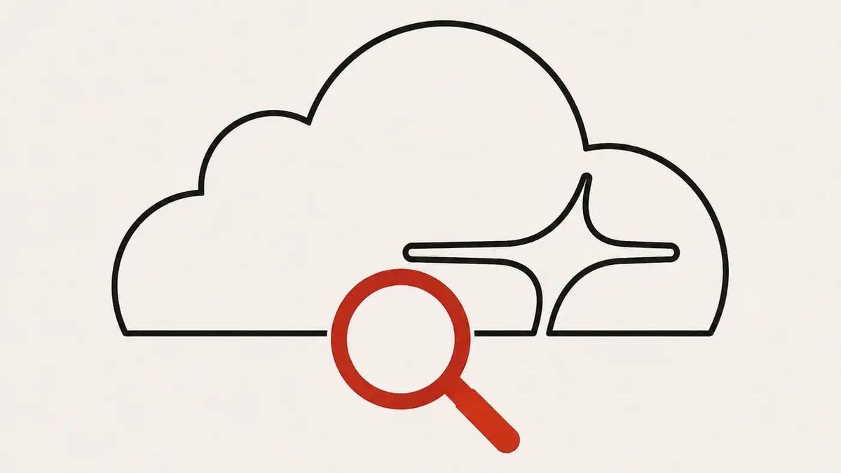 The Cloudflare cloud mark drawn in ink outline with a red magnifying glass over its lower edge