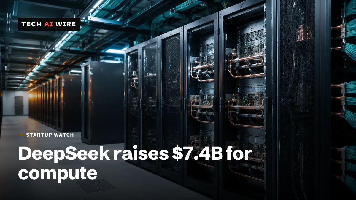 A data center aisle of liquid-cooled server racks, the kind of computing capacity the round is meant to buy.