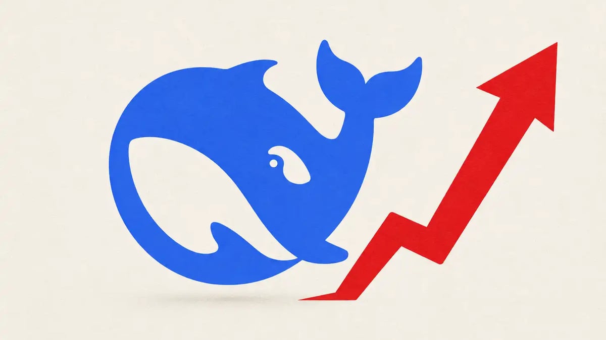 The DeepSeek blue whale logo beside a red arrow climbing steeply upward