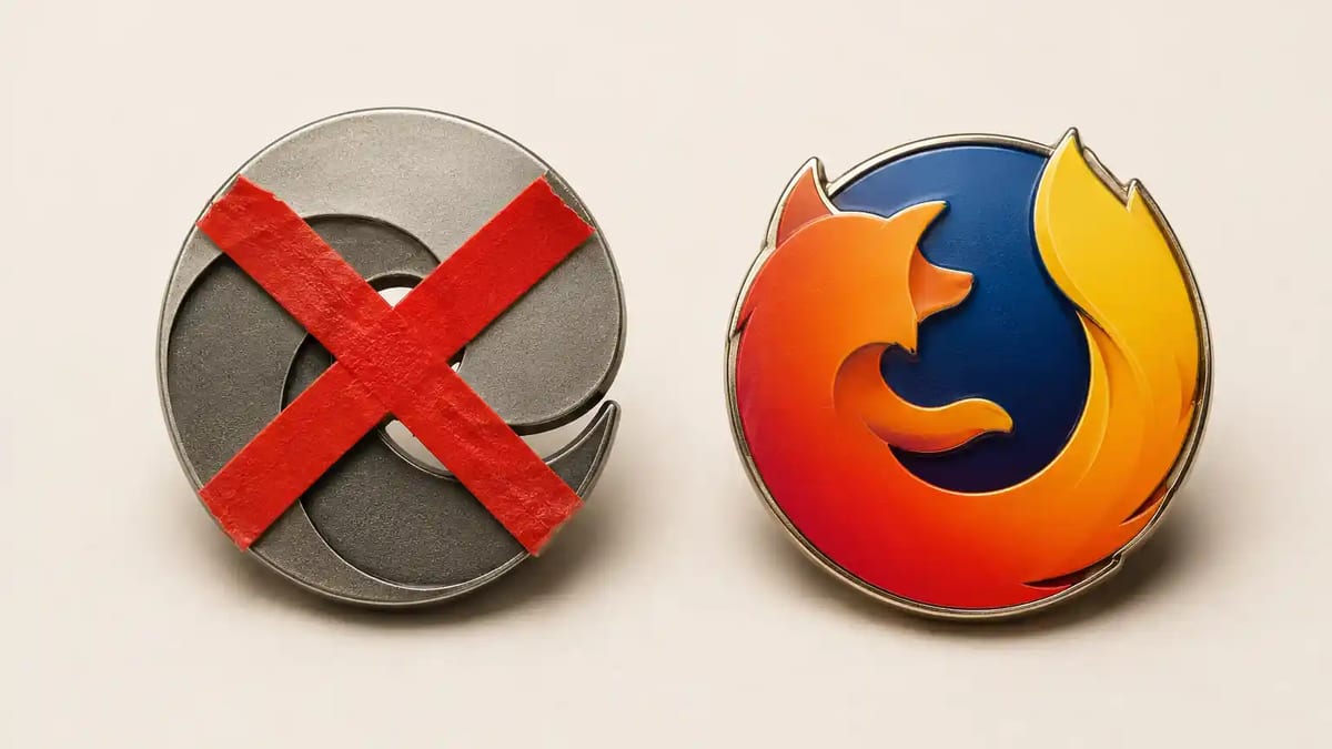 The Microsoft Edge logo crossed out with a red X next to an intact Firefox logo