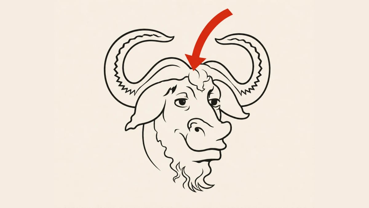 The GNU gnu-head logo drawn in ink outline with a red arrow curving down into it