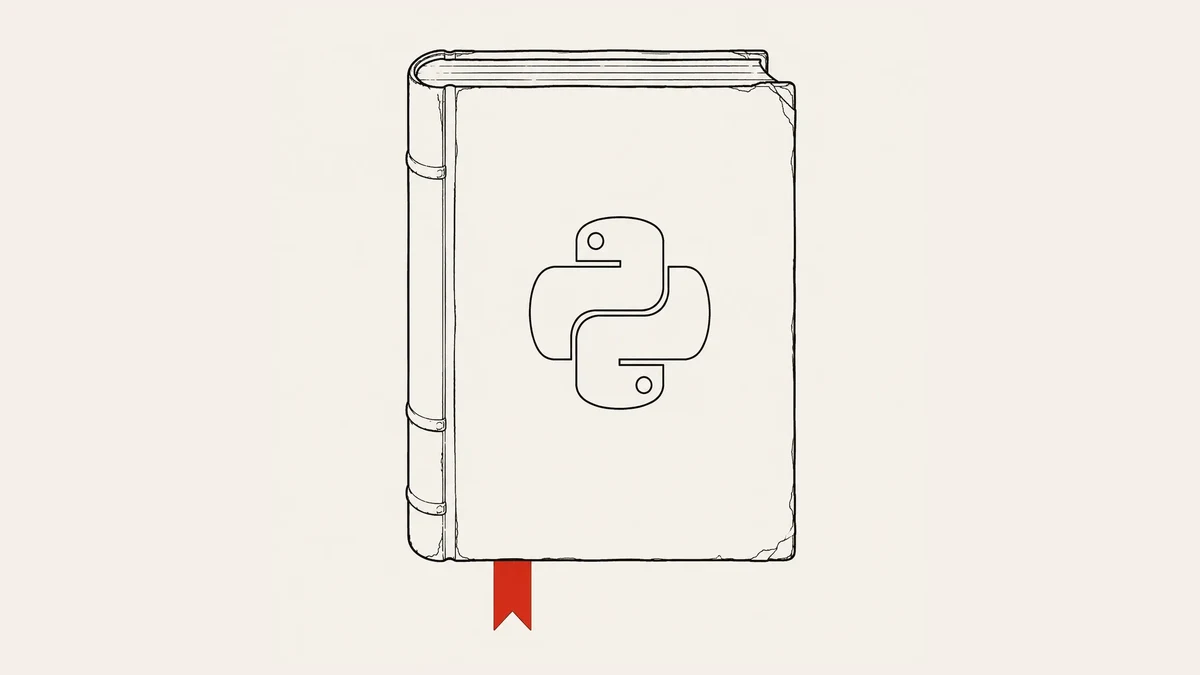 A line-art illustration of a thick closed book bearing the Python logo, with a red bookmark ribbon