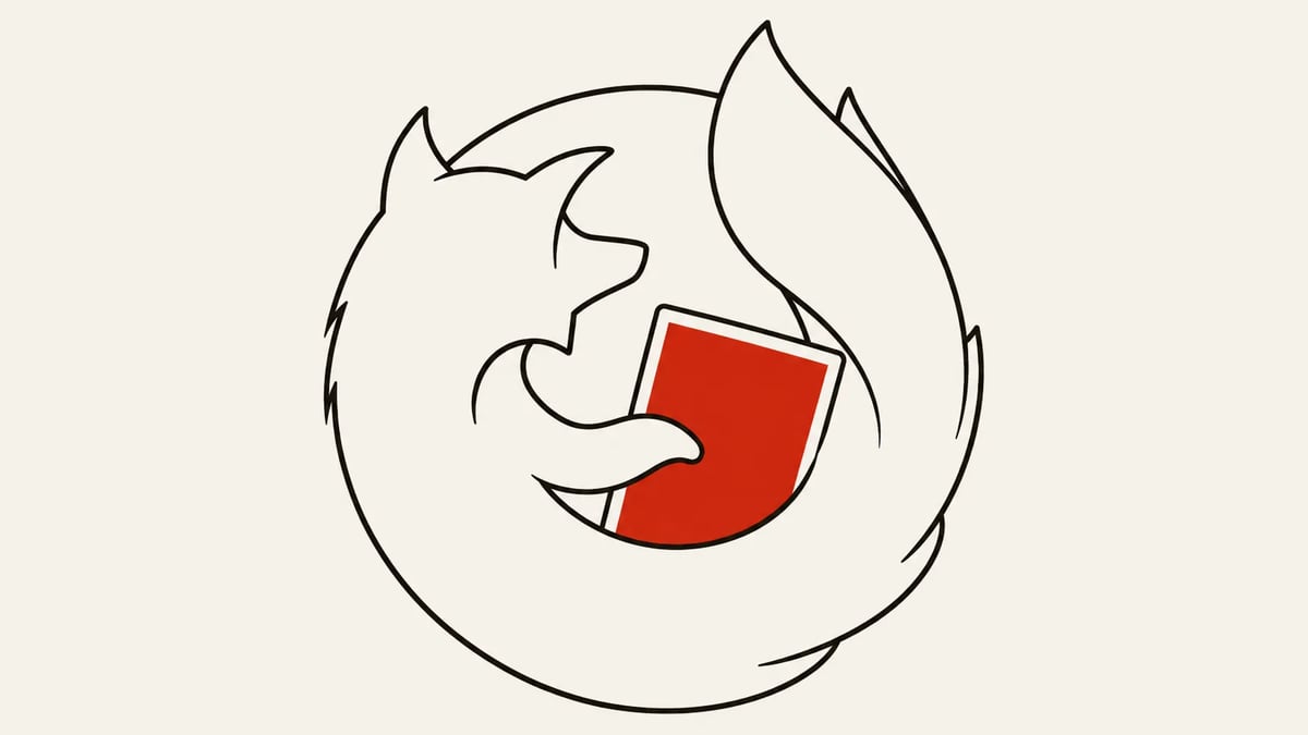 The Firefox logo drawn in ink outline with a solid red photo print tucked into it