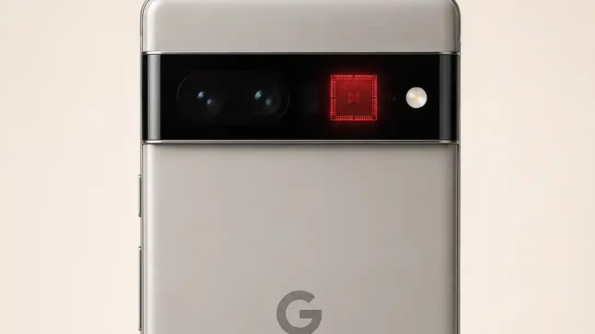 The back of a Google Pixel phone with a glowing red chip highlighted in its camera bar
