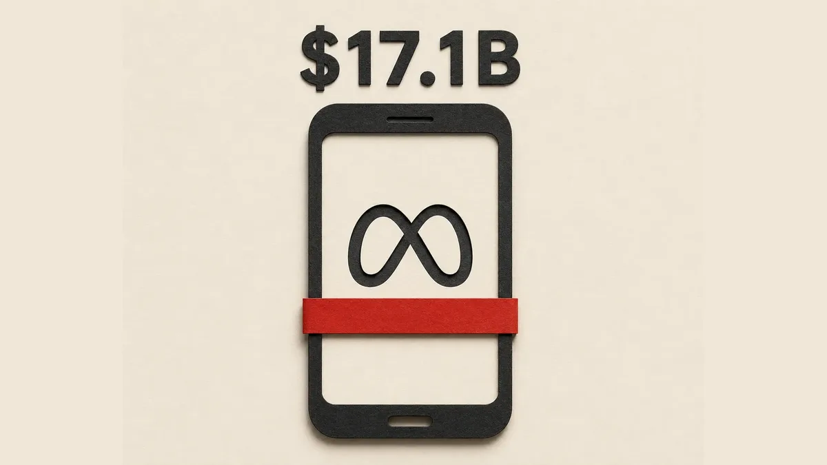 A paper-cut smartphone with the Meta infinity logo on its screen and a red paper band clamped across it, the figure $17.1B cut above.