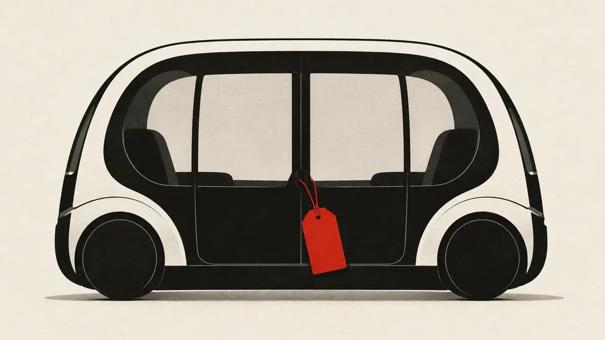 A paper-cut illustration of a driverless shuttle pod in profile with a red permit tag hanging from its door