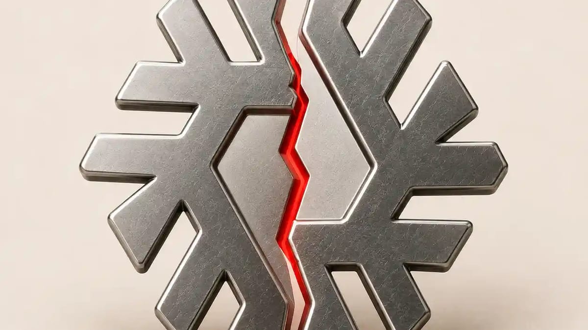 The Nix snowflake logo split cleanly in two with red light showing through the crack