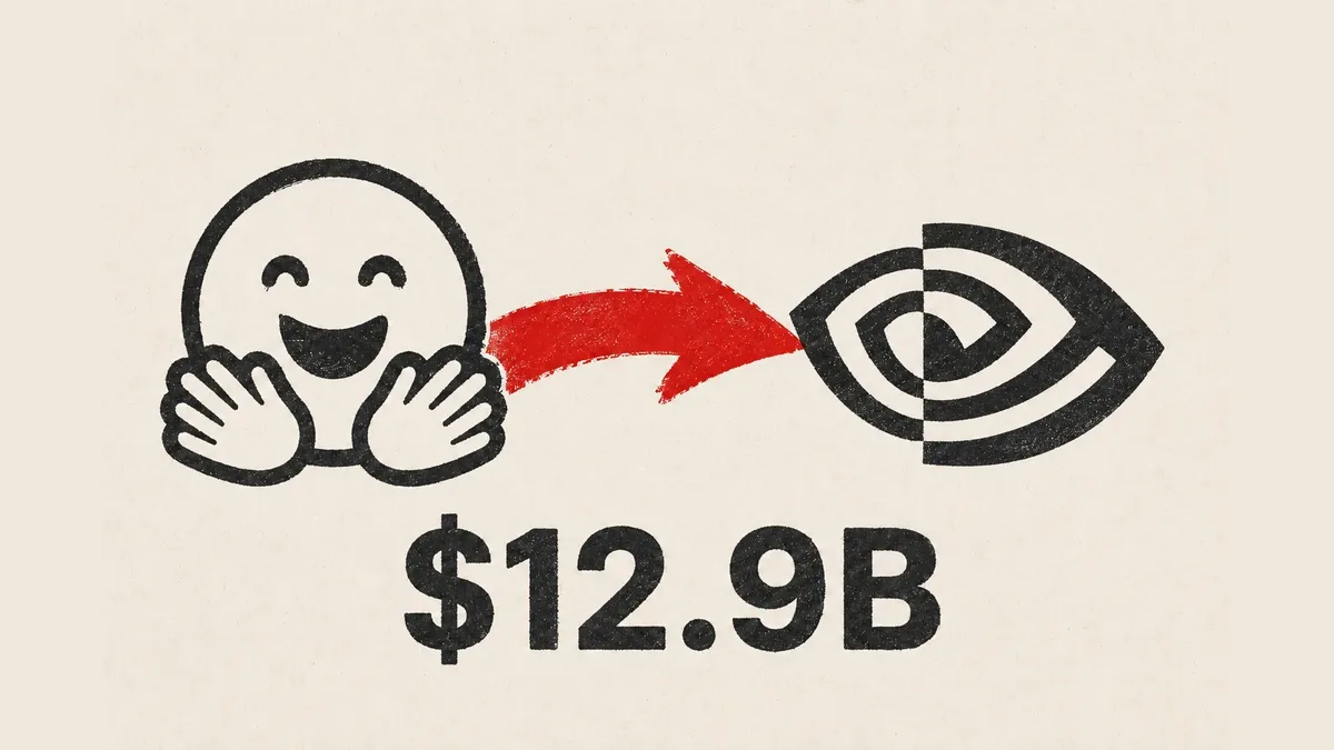 The Hugging Face smiling-face logo and the Nvidia eye logo linked by a red arrow, with the figure $12.9B printed beneath them.