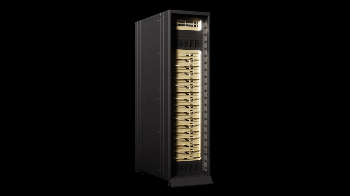 A dark server rack with rows of gold-lit accelerator trays, photographed against black