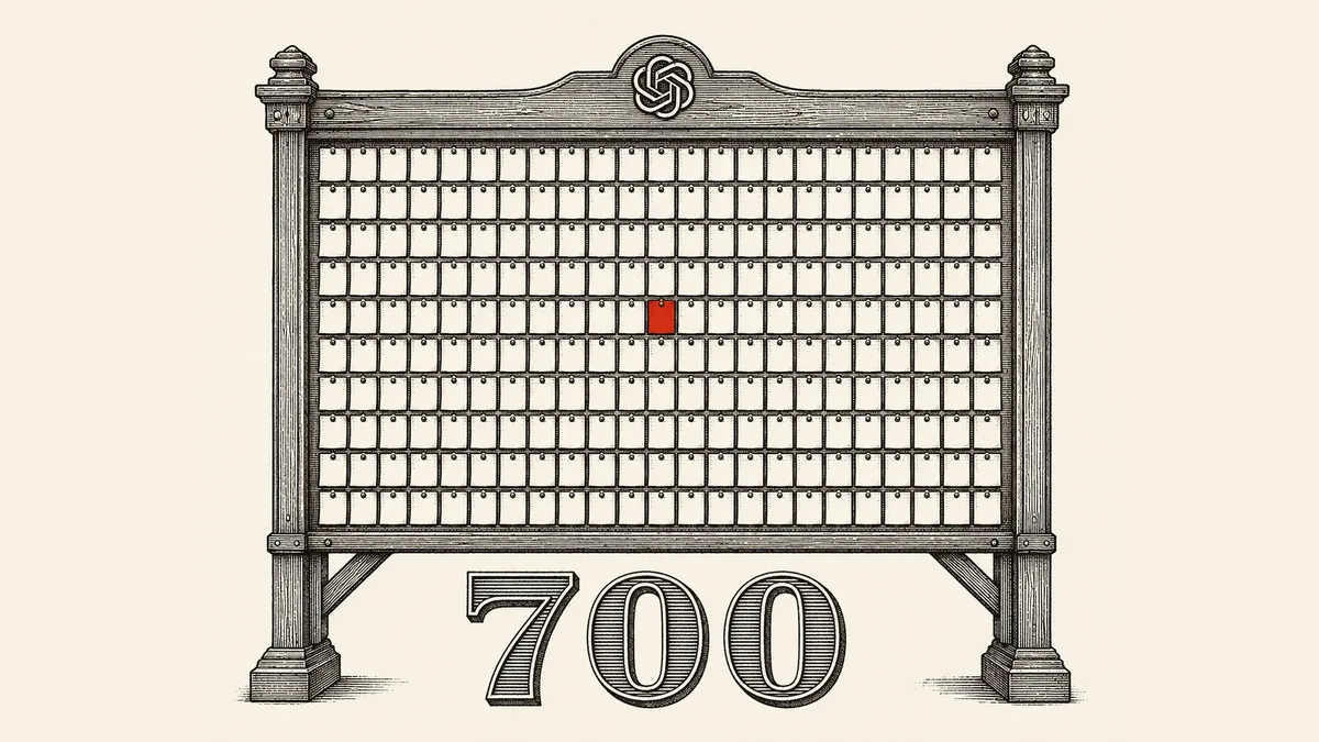 An engraved bulletin board covered in rows of small pinned notes with a single red note among them, the OpenAI logo on its top rail and 700 below.