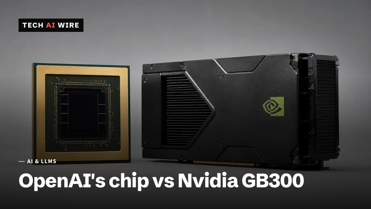 A bare AI accelerator chip standing next to a larger Nvidia module in a black heatsink shroud on a gray studio backdrop.