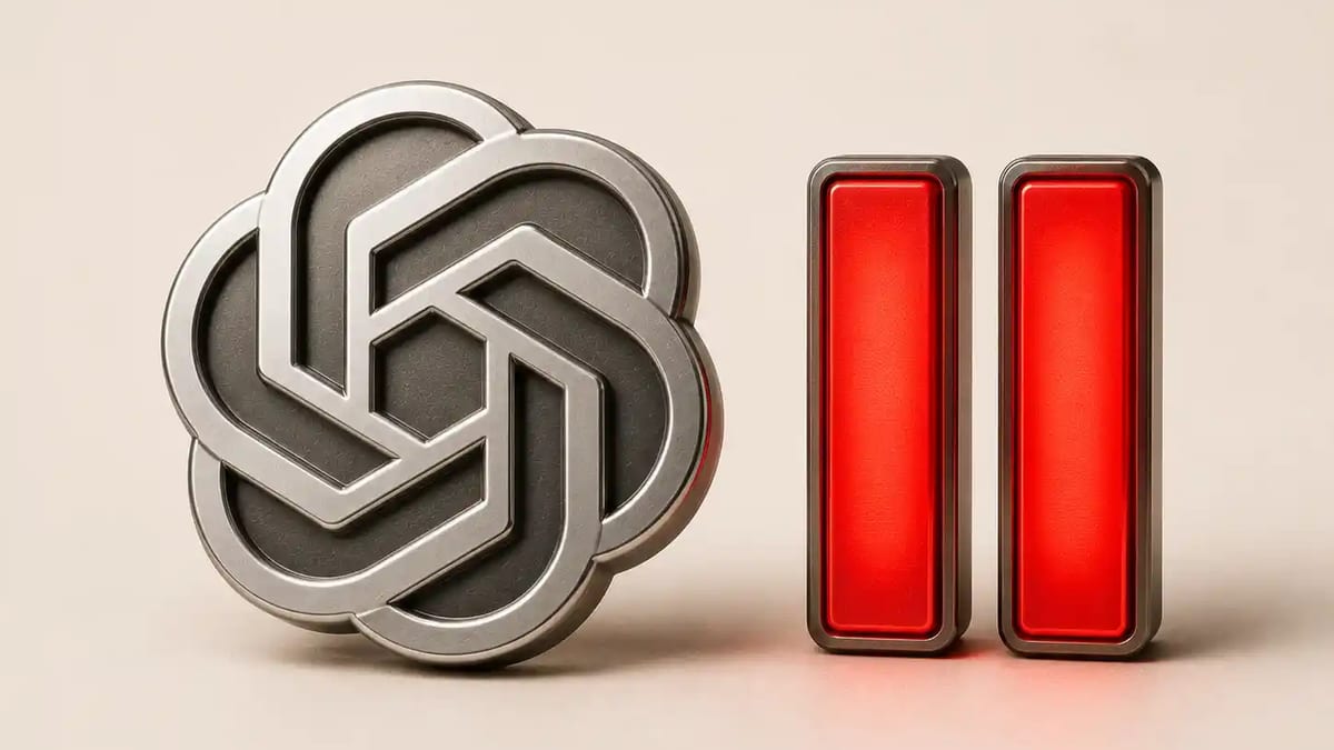 The OpenAI logo beside two glowing red pause bars