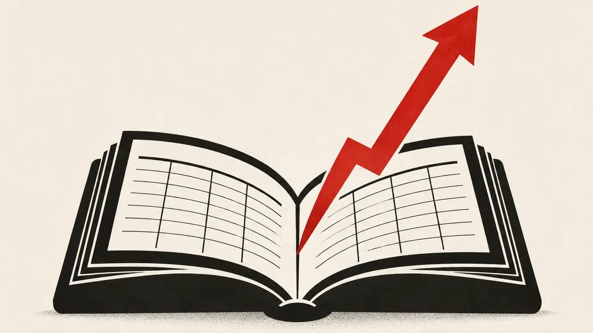 An open accounting ledger with a red arrow rising steeply out of its pages