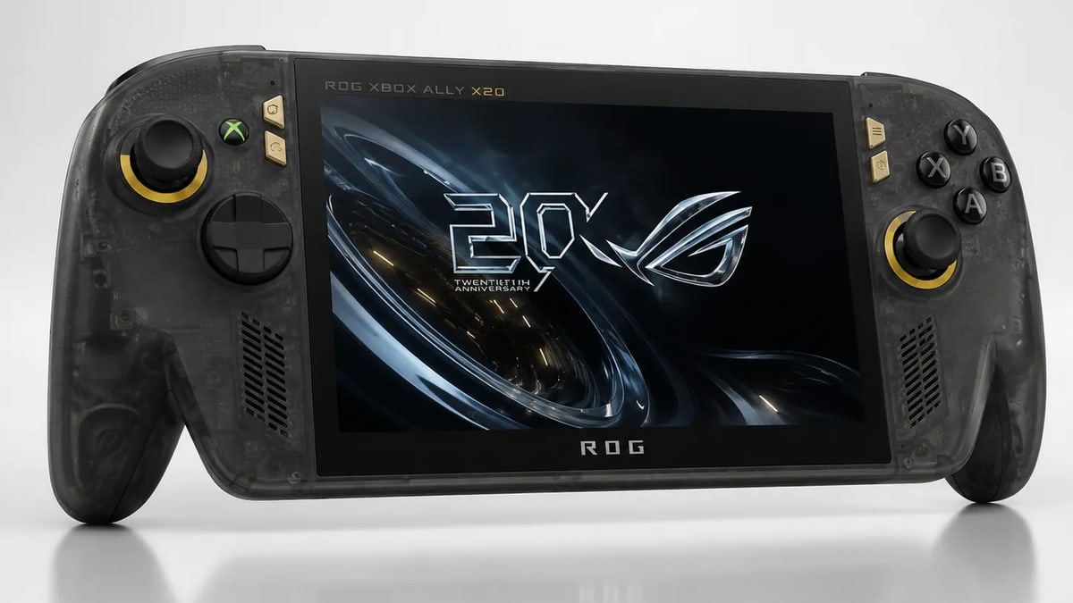 The ROG Xbox Ally X20 handheld in translucent black with gold accents, its OLED screen showing ROG 20th anniversary artwork