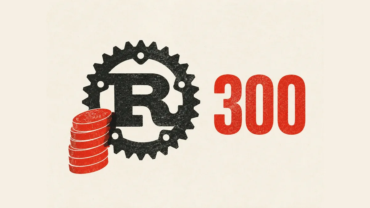 The charcoal Rust cogwheel logo with a stack of red coins leaning against its lower edge and the number 300 printed in red alongside.