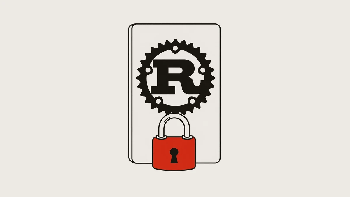 A line-art illustration of an upright card bearing the Rust cogwheel logo, with a solid red padlock at its base