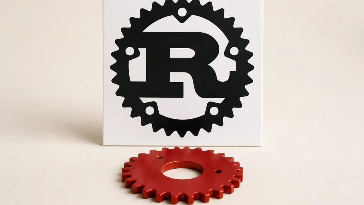 The Rust gear logo printed on a white card with a red metal gear lying in front of it