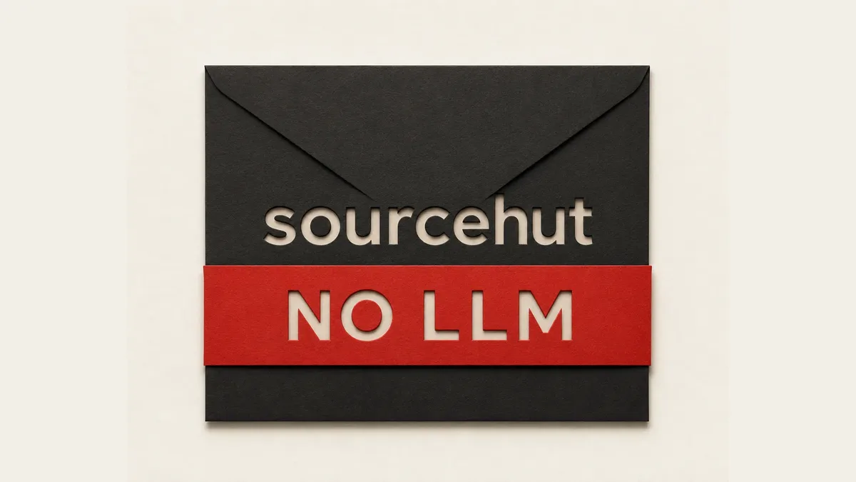 A dark paper-cut envelope with the sourcehut wordmark cut into its face and a red paper band strapped across it reading NO LLM.