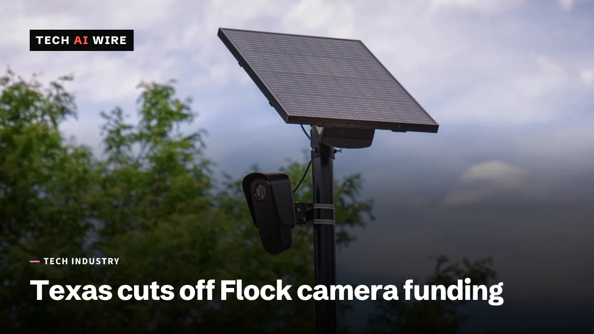 An automated license plate reader camera and its solar panel, mounted on a black roadside pole against trees and sky.