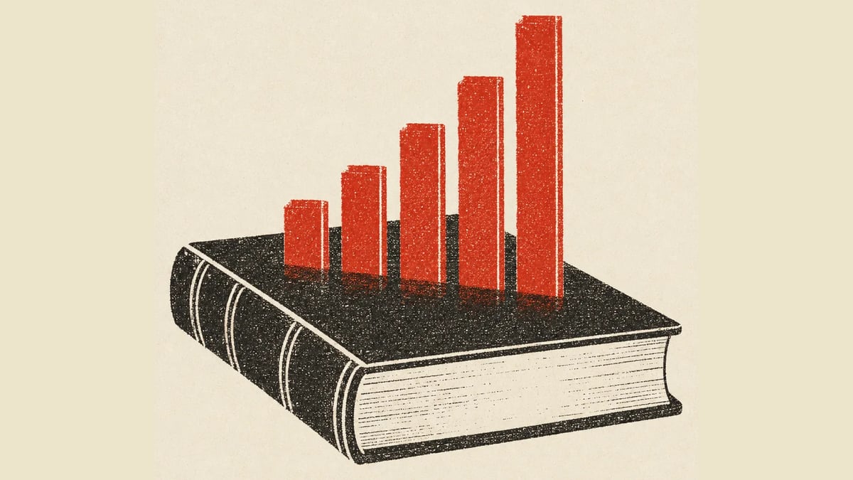 A risograph-style law book with five red bars rising from its cover like a chart