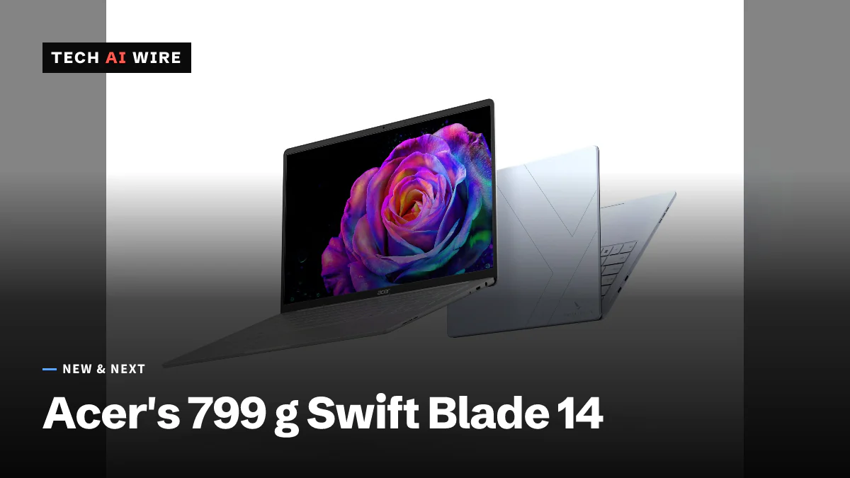 Two Acer Swift Blade 14 laptops, one open showing the display and one closed showing the lid, against a plain background.