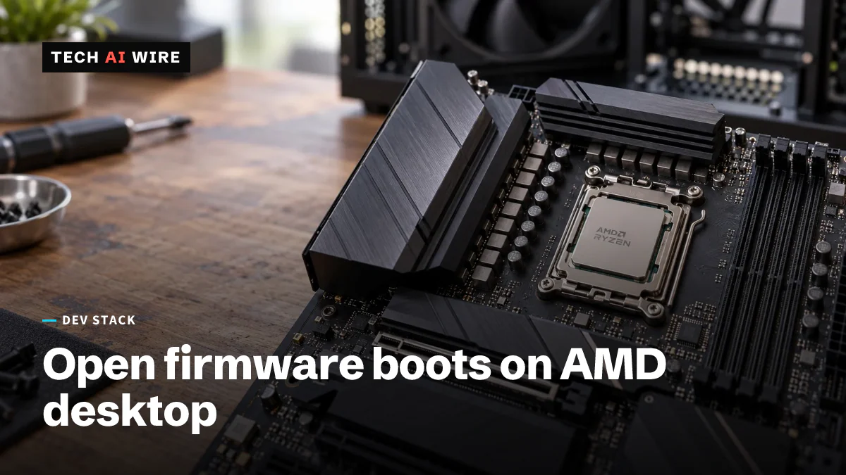 An AMD Ryzen desktop motherboard with its AM5 socket and VRM heatsinks exposed, on a wooden workbench beside a screwdriver and a bowl of screws, an open PC case out of focus behind it.