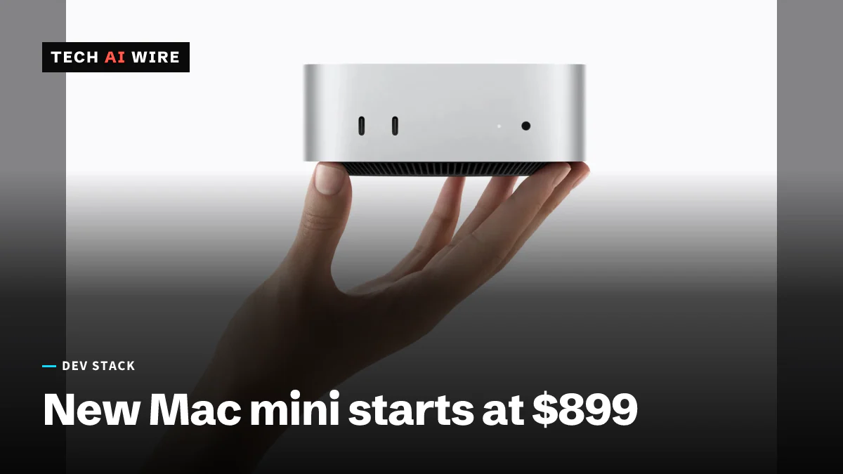 A hand holding the new Mac mini, showing the two USB-C ports on its front edge.