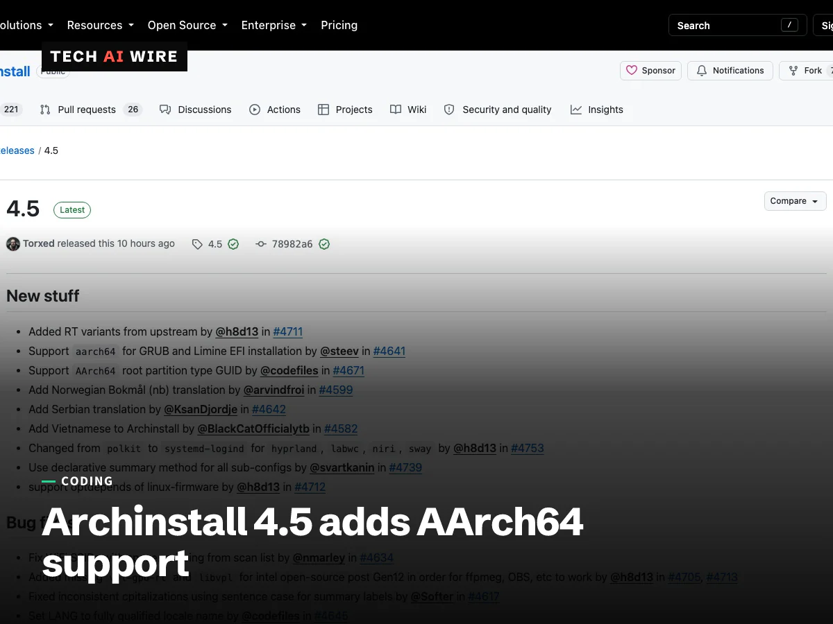 The archinstall 4.5 release page on GitHub, listing new features including RT kernel variants, aarch64 support for GRUB and Limine, and three new translations.