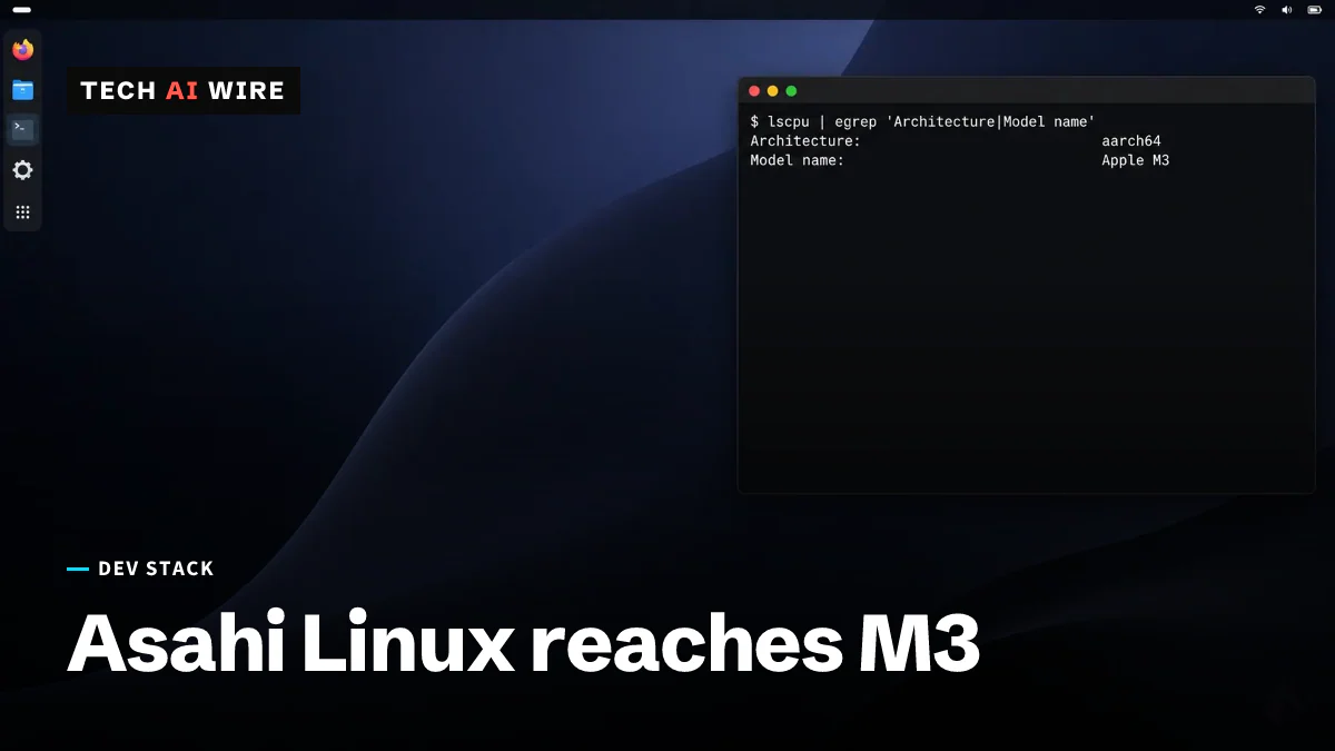 A Linux desktop on Apple hardware, with a terminal showing lscpu reporting an aarch64 architecture and an Apple M3 model name.