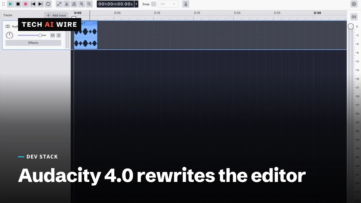 Audacity 4.0's redesigned interface, showing an audio waveform loaded in a clip on the timeline.