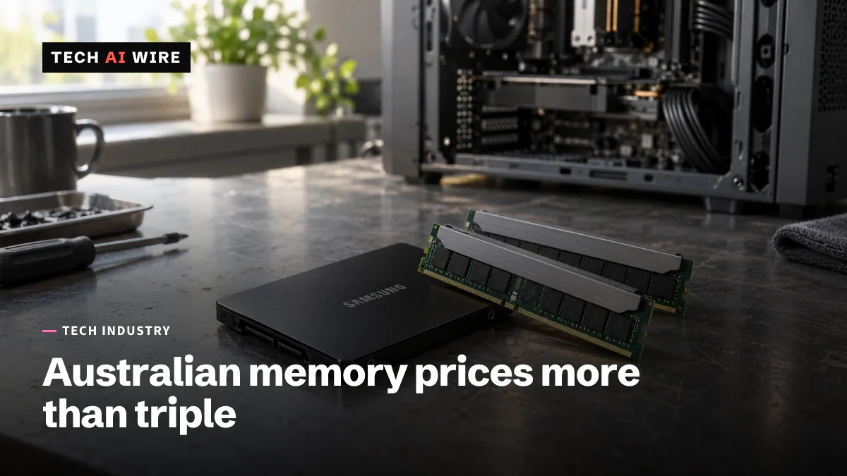 A black solid-state drive lying beside two memory modules on a metal workbench, with an open PC case behind them.