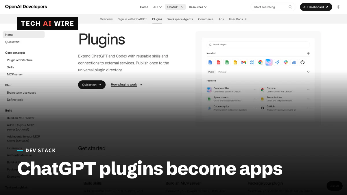 OpenAI's Plugins developer page, describing plugins for ChatGPT and Codex, beside a plugin directory panel with installed app icons and featured plugins.