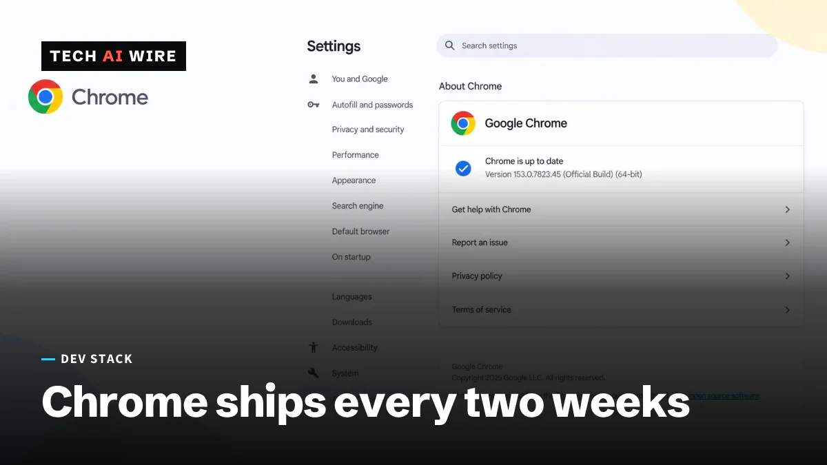 バージョン153で最新の状態になっているChromeの「Chromeについて」ページ。隣に設定メニューが表示されている。