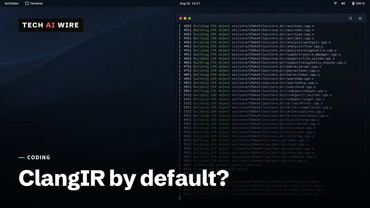 A terminal showing a large C++ project compiling, with the CMake percentage counter partway through and object files scrolling past.