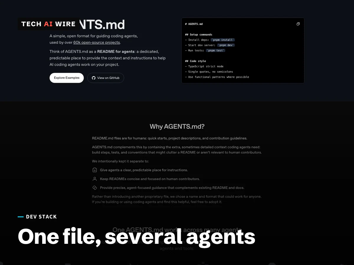 The agents.md homepage, describing AGENTS.md as an open format for guiding coding agents, with an example file beside it.