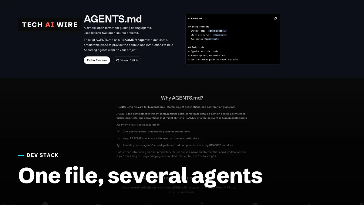 The agents.md homepage, describing AGENTS.md as an open format for guiding coding agents, with an example file beside it.