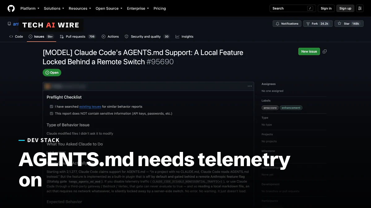 La issue 95690 de GitHub en el repositorio anthropics/claude-code, titulada como una función local de AGENTS.md bloqueada tras un interruptor remoto.