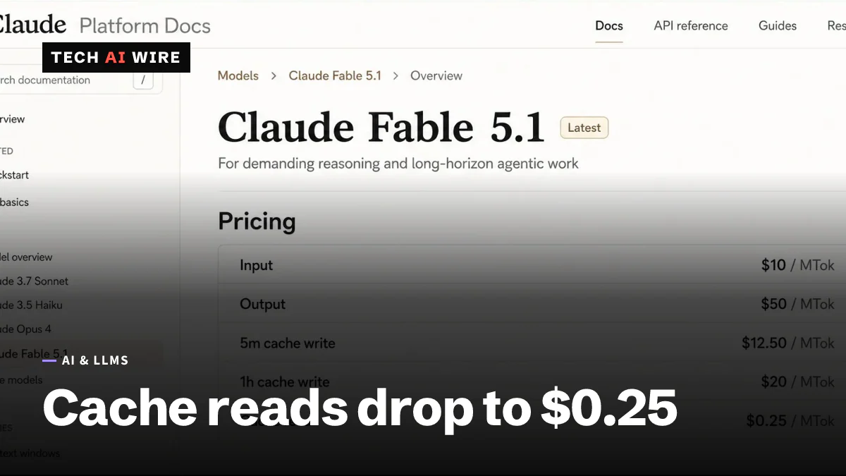 Anthropic's Claude Platform Docs pricing table for Claude Fable 5.1, showing input, output and cache rates.