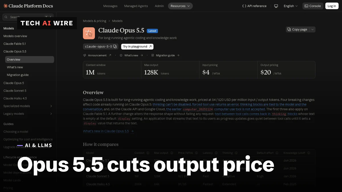 The Claude Platform Docs page for Claude Opus 5.5, showing a 1M-token context window, 128K maximum output, and input and output prices of $4 and $20 per million tokens.