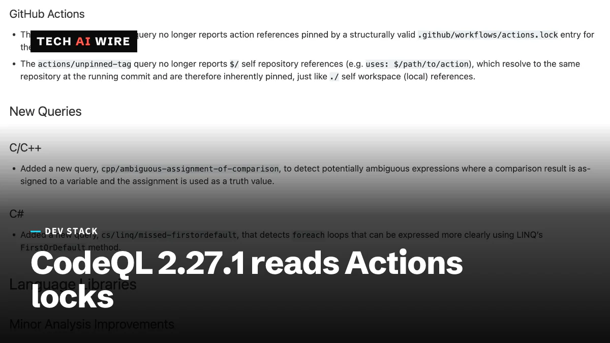 The CodeQL 2.27.1 changelog page listing the actions/unpinned-tag changes for actions.lock and the new C/C++ and C# queries.