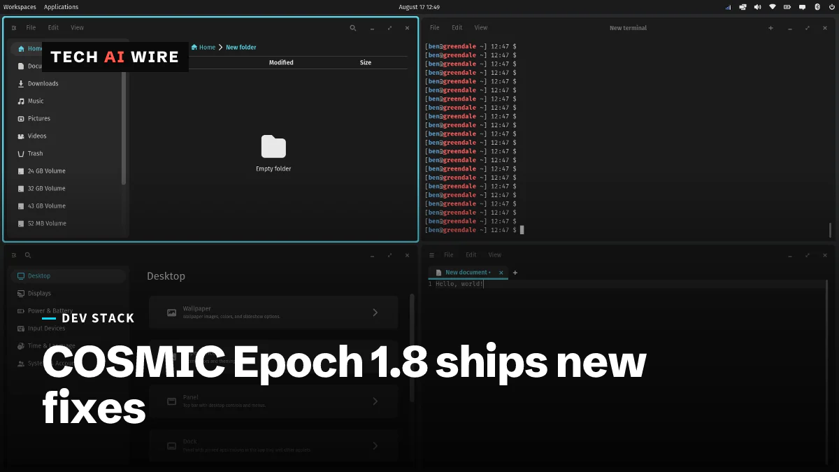 The COSMIC desktop with four tiled windows open: a file manager, a terminal, the Desktop settings panel and a text editor.