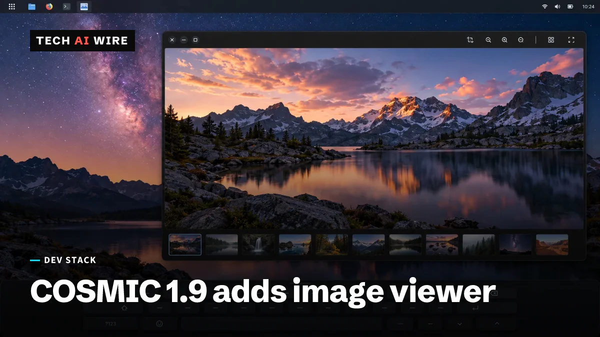 An illustration of a desktop image viewer showing a mountain lake at sunset, with a thumbnail strip below it and an on-screen keyboard along the bottom of the screen.